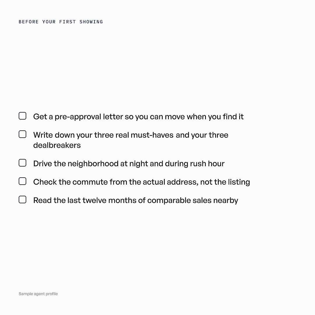 A five-item checklist card for what to do before a first showing.
